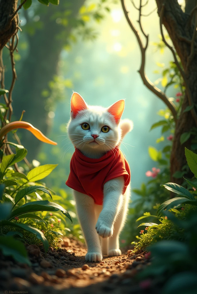 White cat white pent red shirt walking in Jungle alone