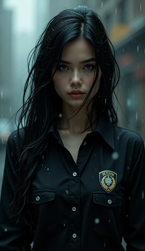 A woman wearing a black shirt with a long wavy black hair and wearing a detective member sign in the rain portrait