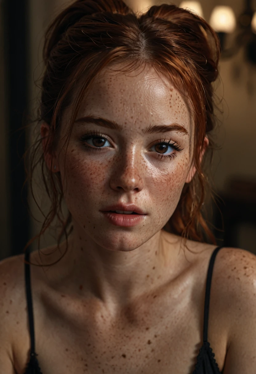 photo,8k,sharp focus,beautiful woman,close up,topless, nice saggy tits, ,(detailed eyes:0.8),(looking at the camera:1.4),(highest quality),(best eyeshadow),brown eyes,rim lighting,two tone lighting,dimly lit,low key,intricate details,interior,ponytails,ginger hair:1.3,open mouth:0.7,freckles, photo, (realistic:1.3), 8k, brown hair