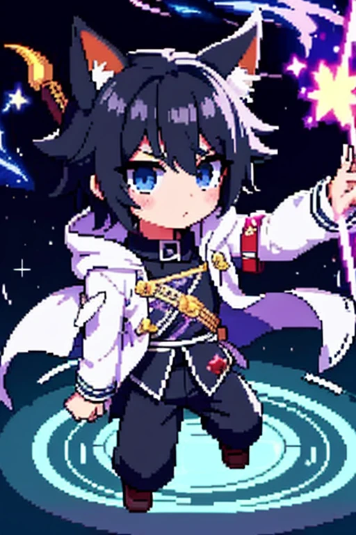 Anime figure of a boy with cat ears, demon slayer rui fanart, chibi!!! Kitten, Anime Boy, black-haired wizard with white streaks and black open magic book with decorations in one hand, Anime-Chibi, anime Kitten, Mihoyo art style, black and white clothes, Several magical circles in different colors fly around the boy, background destroyed city!!!!!, white jacket with black stripes