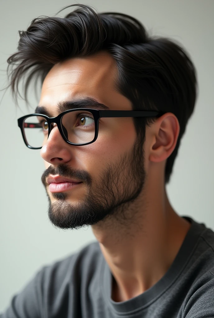 Young man wearing glasses, has a short beard and straight hair combed to the side