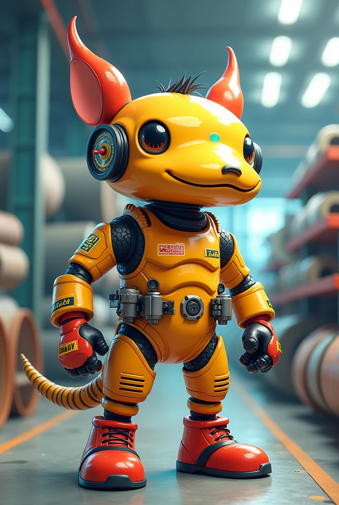 generates a mascot for a contest in which the Yahle company, which is dedicated to the manufacture of rubber and polyurethane products for the mining market and engineering services,, The theme is to address the 5 S's of Japan: classification, order, cleaning, standardization and discipline. Generate me a pet with that data, Make it look animated. Also add spools with rubber and polyurethane coating