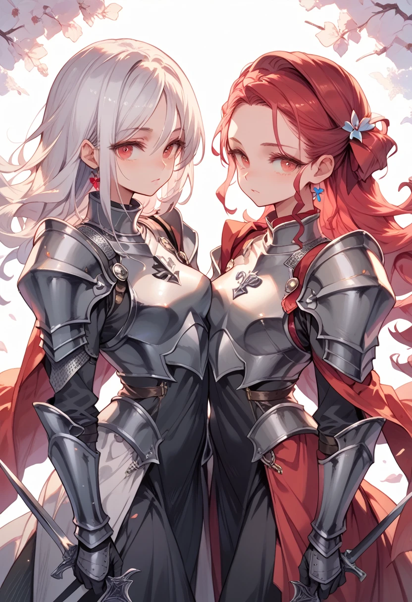 two beautiful knight anime sisters, one sister has long white hair and the other sister has short black hair, standing side by side wearing sexy black knight armor, crimson eyes, hd, 4k, detailed, hot
