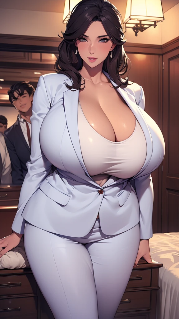 40 years old, (Sugar mummy), (Sensual lips), (White skin), ((Beautiful)), (Huge : 1.4), (blazer, Sporting goods), Bent body, (My breasts are about to pop out of my clothes) Dark Light, At night.