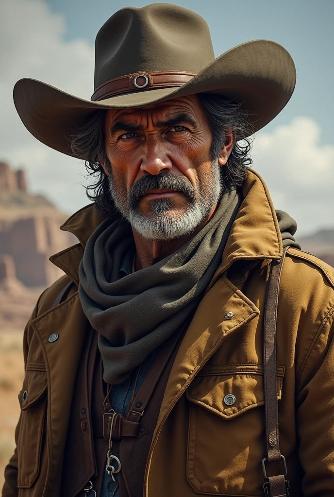 Make a grizzled prospector from the Old West who radiates authority and determination. His posture must be heroic and authoritative. He is approximately 40 years old with dark hair. His hardened features show rugged determination, and his piercing eyes have seen many battles. He has a bold mustache and a field of stubble.