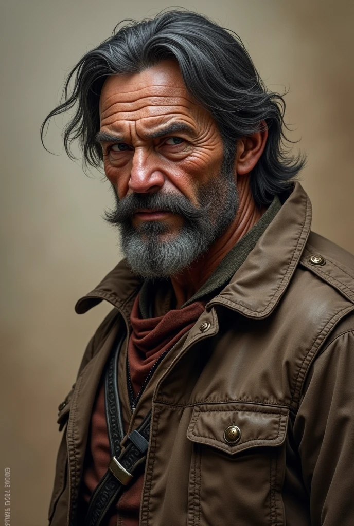 Make a grizzled prospector from the Old West who radiates authority and determination. His posture must be heroic and authoritative. He is approximately 40 years old with dark hair. His hardened features show rugged determination, and his piercing eyes have seen many battles. He has a bold mustache and a field of stubble.