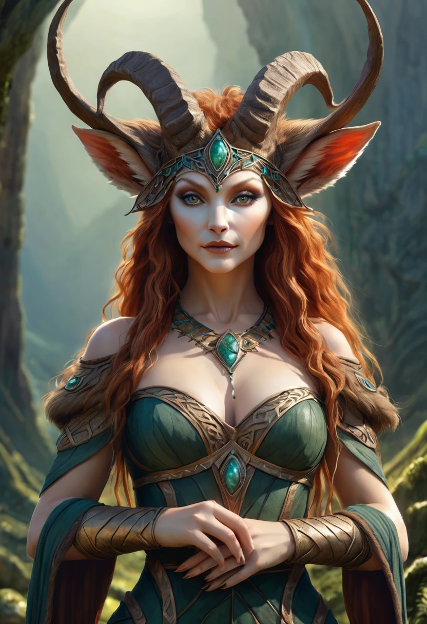 Brian Froud inspired Beautiful Humanoid Creature. feminine fox-satyr enchantress. Official Art – An Award-Winning Digital Masterpiece In 4K Ultra HD, Extreme Detail And Intricate Realism. Symmetrical Face. This Concept Art Brought To Life By The Hands Of Artists Like Wlop & Artgerm In A Stunning 2D Vector Illustration. Background Is A Panoramic Vista.