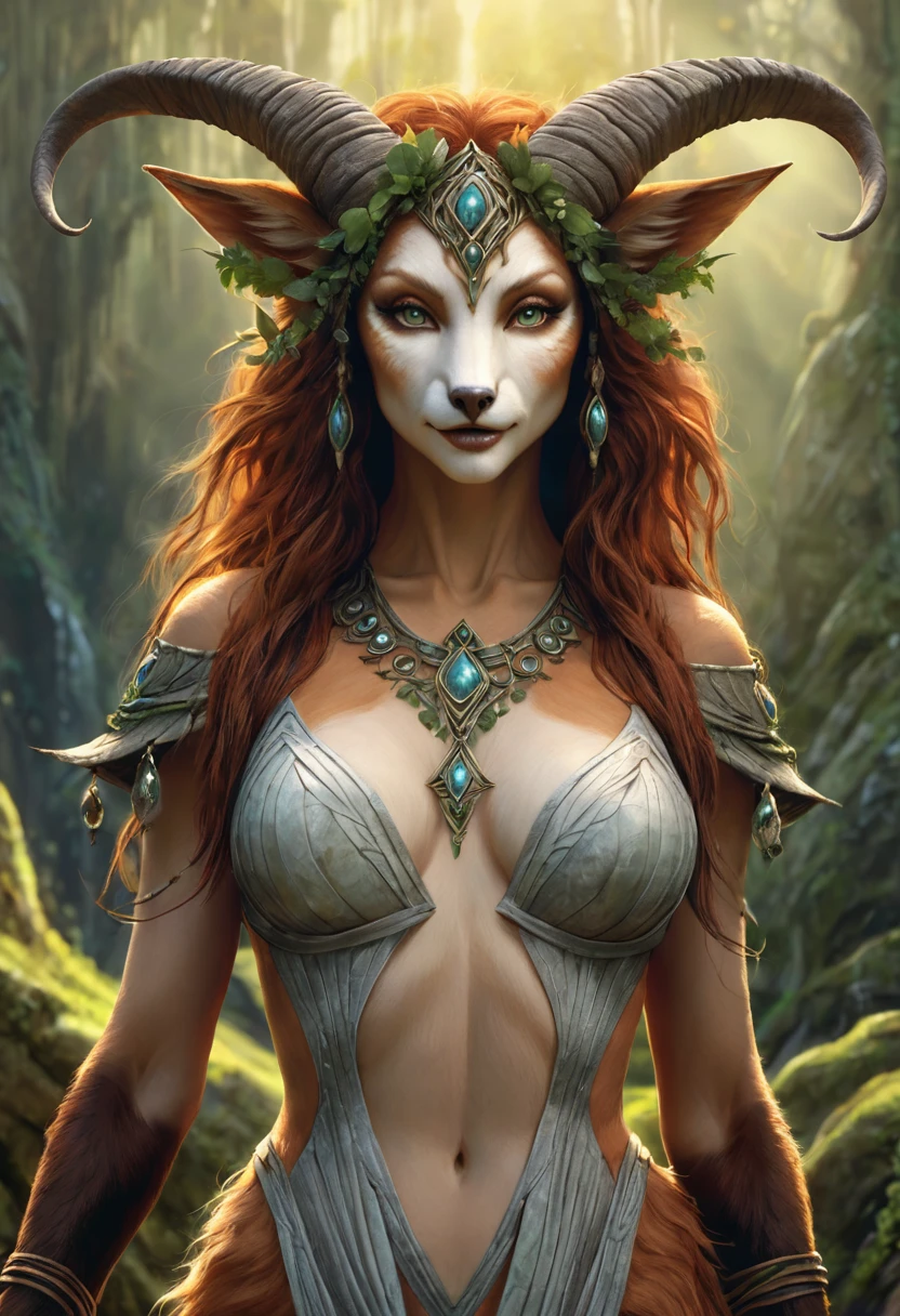 Brian Froud inspired Beautiful Humanoid Creature. feminine fox-satyr enchantress. Official Art – An Award-Winning Digital Masterpiece In 4K Ultra HD, Extreme Detail And Intricate Realism. Symmetrical Face. This Concept Art Brought To Life By The Hands Of Artists Like Wlop & Artgerm In A Stunning 2D Vector Illustration. Background Is A Panoramic Vista.
