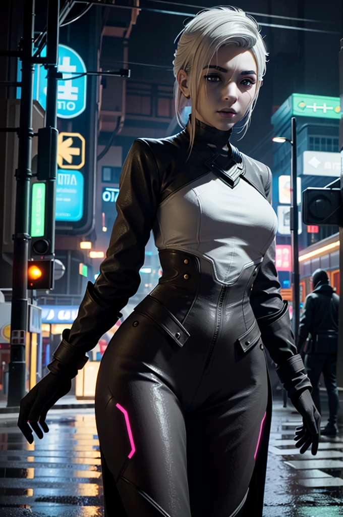 ((ultra detailed, masterpiece, best quality))
 StarMerrin, 1girl, solo, white hair, beneath the neon lights of a cyberpunk city, in a futuristic bodysuit, on a rain-soaked street