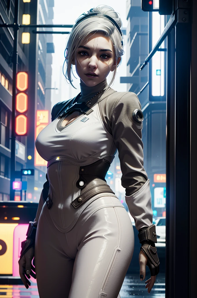 ((ultra detailed, masterpiece, best quality))
 StarMerrin, 1girl, solo, white hair, beneath the neon lights of a cyberpunk city, in a futuristic bodysuit, on a rain-soaked street