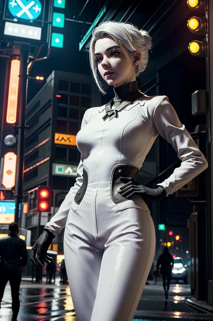 ((ultra detailed, masterpiece, best quality))
 StarMerrin, 1girl, solo, white hair, beneath the neon lights of a cyberpunk city, in a futuristic bodysuit, on a rain-soaked street