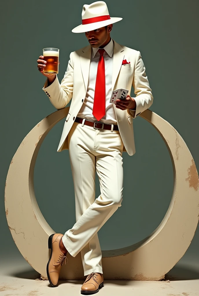 Serious man, wearing a white Panama hat with a red ribbon, almost covering his face. wearing a white suit with a red tie and thin shoes, holding a glass of beer and a deck of cards in outher hand. a cheeky, mischievous man, leaning against a half-moon post