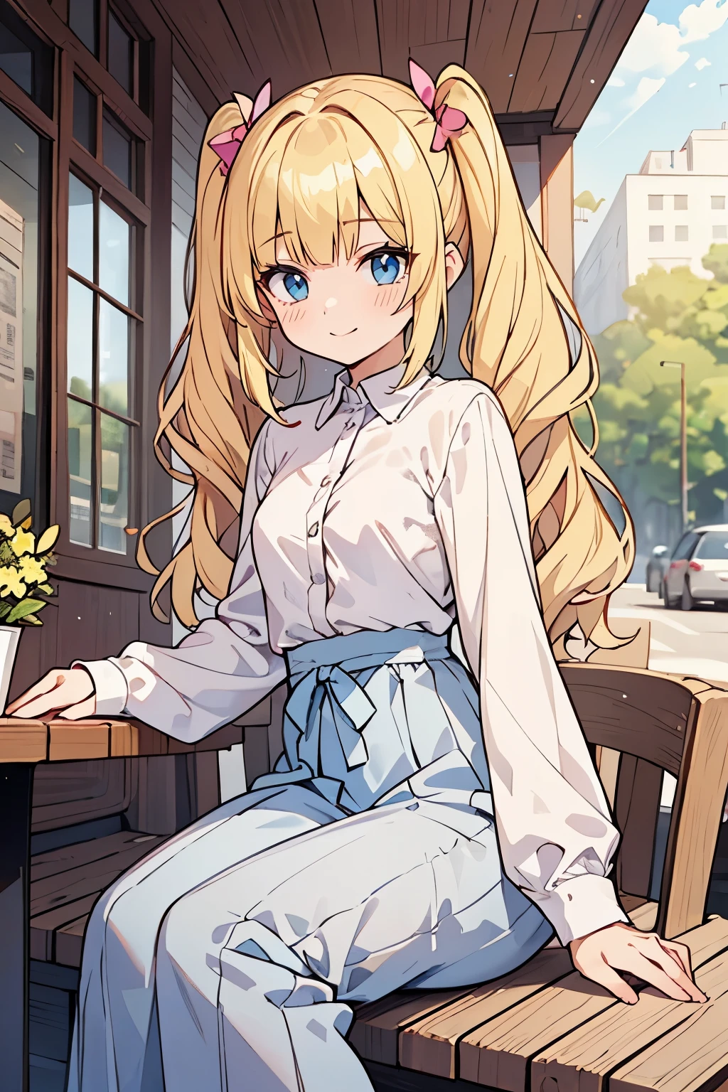 solo girl, (young female body:1.4), ( medium small breasts), cowboy shot, shy smile, flustered, yellow hair, voluminous wavy hair, extra long hair, hime cut, light blue detailed eyes, pigtails, long white maxi skirt, white satin skirt, pink blouse, long sleeves, light pink button up, dynamic cute posing, sitting outside bakery shop, on a date, outside, sitting on a chair in front of table