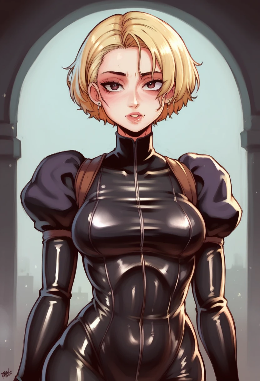 a beautiful blonde woman in a sexy latex suit, slender figure, in the midst of a zombie apocalypse, anime style, intricate details, hyper realistic, 8K, HDR, cinematic lighting, dramatic colors, masterpiece