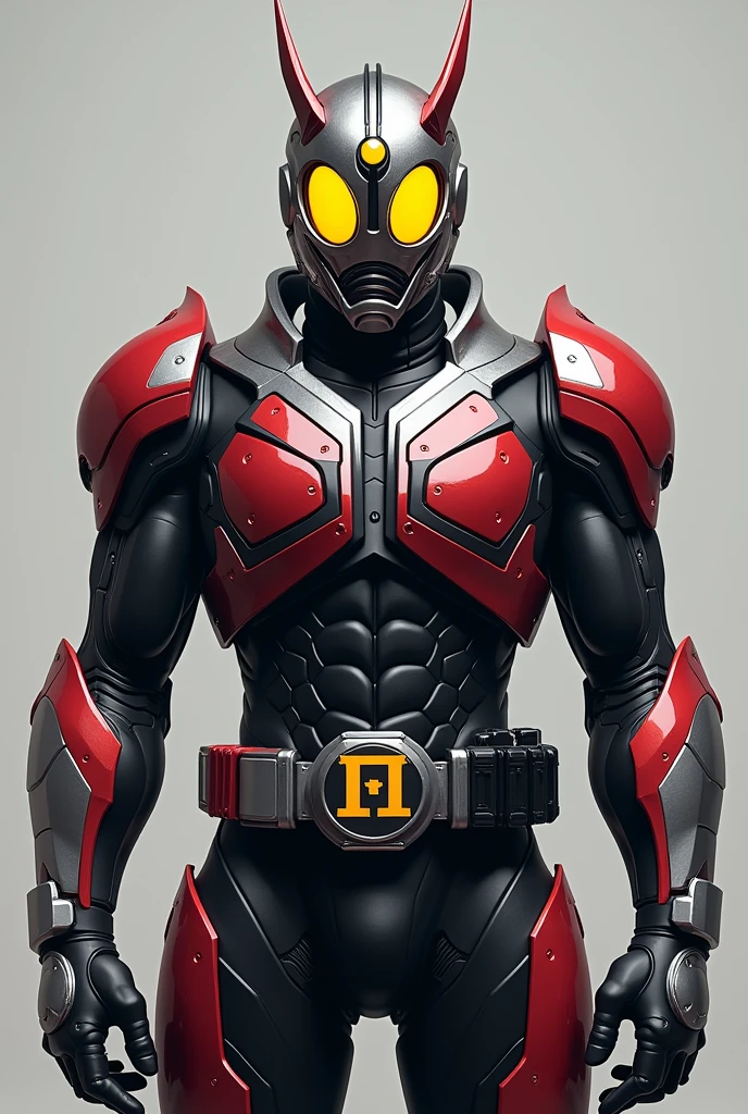 Kamen Rider Faiz 555 Transforms with a cell phone Black body with red lines Silver on chest and other parts Yellow eyes Overall body armor is rounded The Greek letter Φ is the motif The face is also round overall Cell phone attached to the belt The eyes are yellow and shaped like the letter Φ