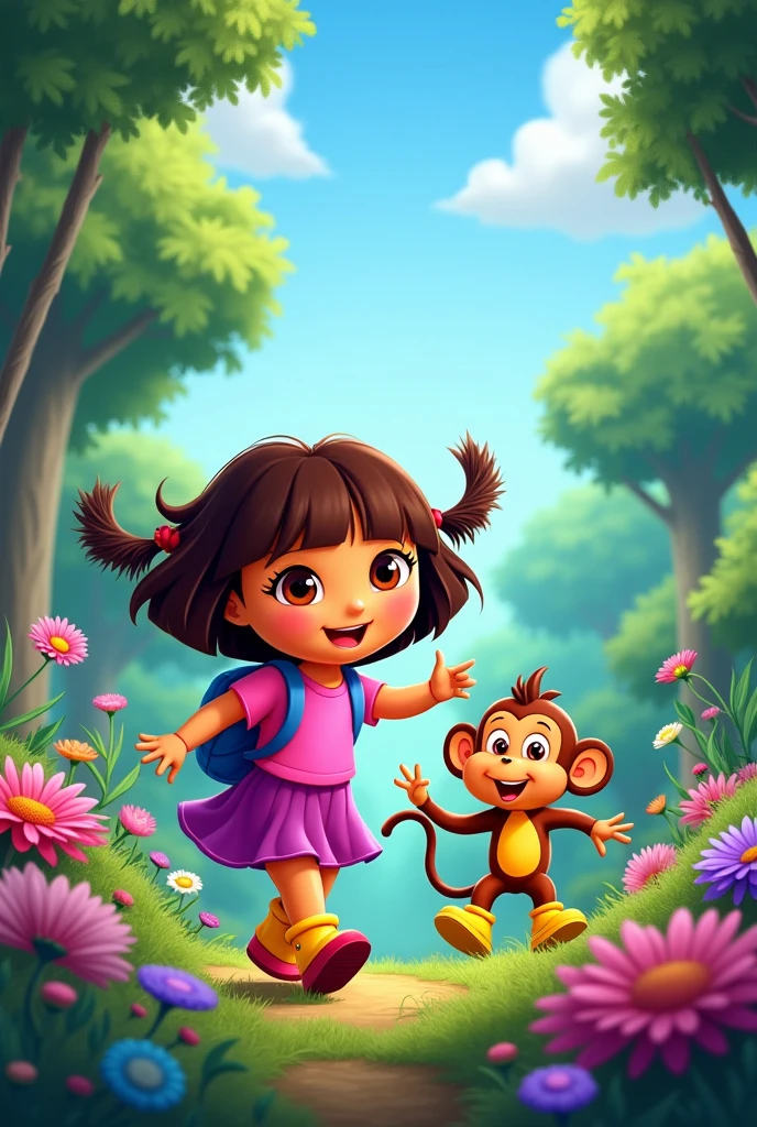 “Dora and Boots in a colorful forest setting. Dora is a woman with brown hair tied in two ponytails., wearing a pink t-shirt and a purple skirt. Boots is a monkey with yellow boots and a pair of red shoes. The background should be vibrant with green trees, colorful flowers and a clear blue sky.”