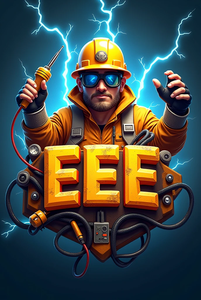 A Logo with animated electrical engineer, embossed EEE letters, thundering effect, screw driver, testers, chords and leads
