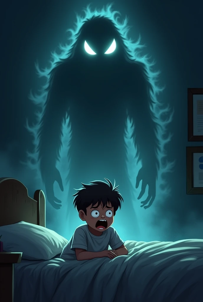 Make a meme of a scared of a failed test as if the test was haunting him at night