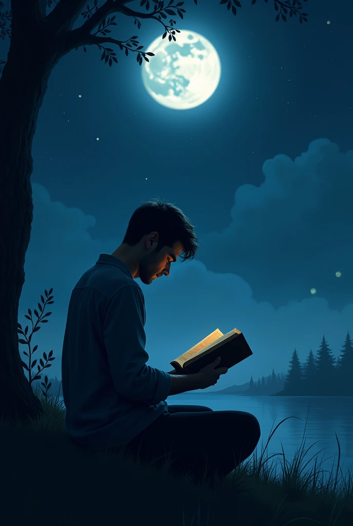 make a picture a man who read book under the moon sky. Man face not to be clear