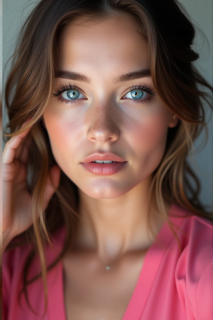 8K, Best quality, masterpiece, ultra high resolution, (realism: 1.4), original photo, (realistic skin texture: 1.3), (Granularity: 1.3), (Selfie angle), 1 girl, Pink clothes, Sapphire eyes and beautiful facial details, masterpiece, Best quality, close- up, Upper body. Highest quality image quality. Pull-ups.