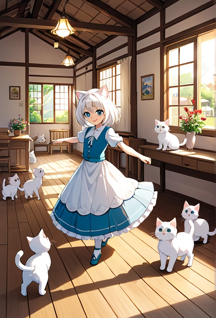 “Create an image titled ‘The Path to a Dancer: Change’ featuring Lily, the anime-style white cat with big, expressive eyes. Lily is teaching a group of young kittens to dance in her village. The scene should be heartwarming, with the kittens following her lead in a cozy community hall. The background should include simple decorations and wooden floors, with sunlight streaming through the windows.”