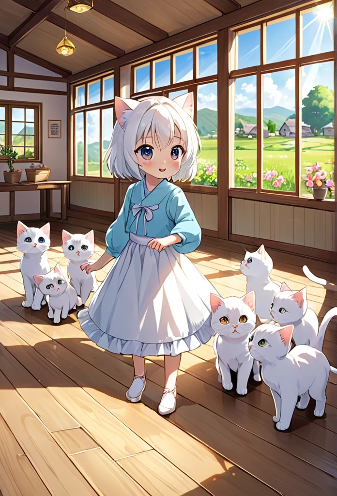 “Create an image titled ‘The Path to a Dancer: Change’ featuring Lily, the anime-style white cat with big, expressive eyes. Lily is teaching a group of young kittens to dance in her village. The scene should be heartwarming, with the kittens following her lead in a cozy community hall. The background should include simple decorations and wooden floors, with sunlight streaming through the windows.”