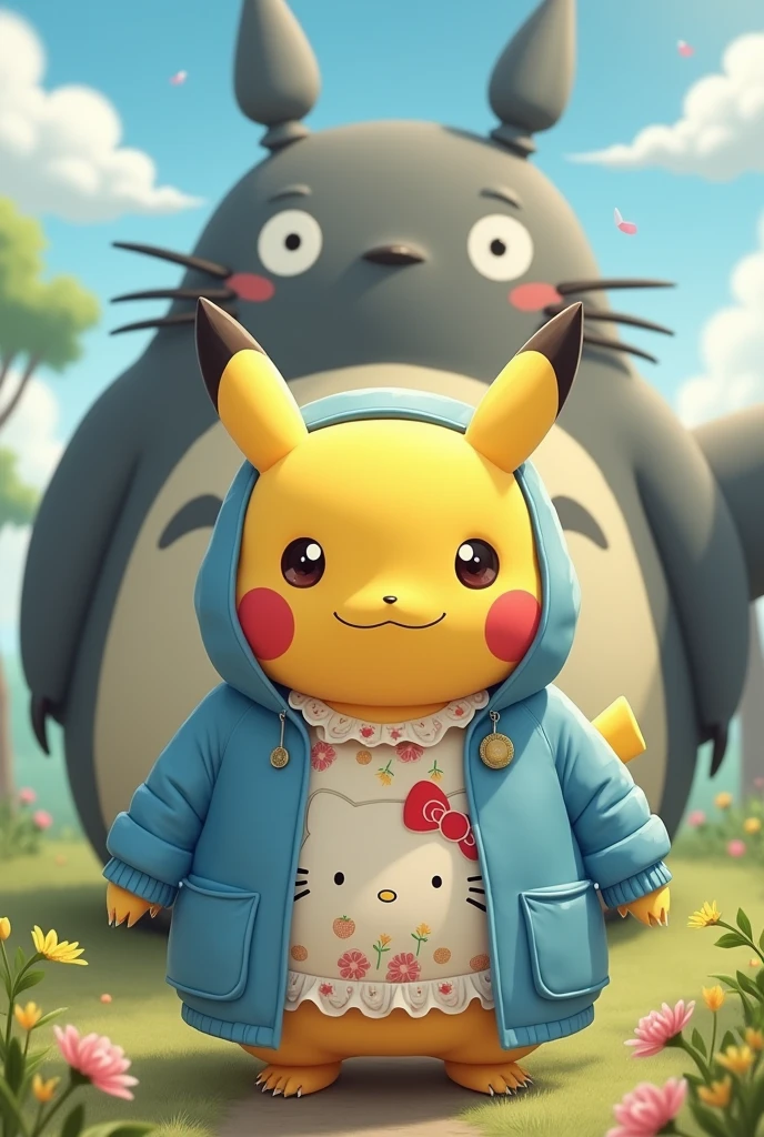 Fat Pikachu . hello kitty dress blue rain suit and large totoro draw art