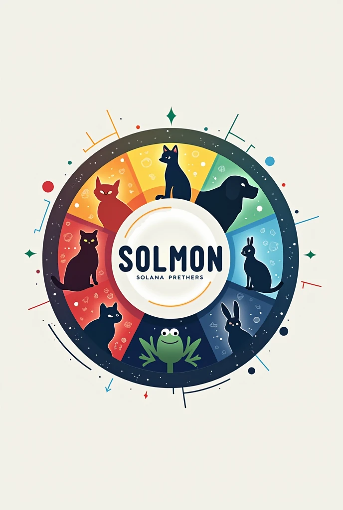 
"Create a sleek, circular logo for 'SOLMON - Solana Monsters' with a minimalist yet dynamic design. Focus on five elemental-themed pets: a cat, dog, bull, frog, and rabbit, each subtly representing their element (fire, water, earth, air, electricity) through simple, vibrant colors and clean lines.

Position these pets around a central symbol that embodies the 'Solana' theme, using a glowing orb or a stylized, digital motif. Keep the pets' designs minimal, using only essential details to convey their elemental association.

Incorporate the 'SOLMON' text within the circle, using modern, rounded typography that is bold but understated. Surround the text and central symbol with light, abstract details like small digital sparks or subtle gradients, hinting at the elemental and cosmic themes without overcrowding the design.

Ensure the overall logo is clean, balanced, and effortlessly cool, with a focus on simplicity and modern aesthetics, making it perfect for versatile branding."

This revised prompt emphasizes a minimalist, cool design approach, ensuring a modern and streamlined logo that still captures the essence of the elemental pets and the 'Solana Monsters' theme.