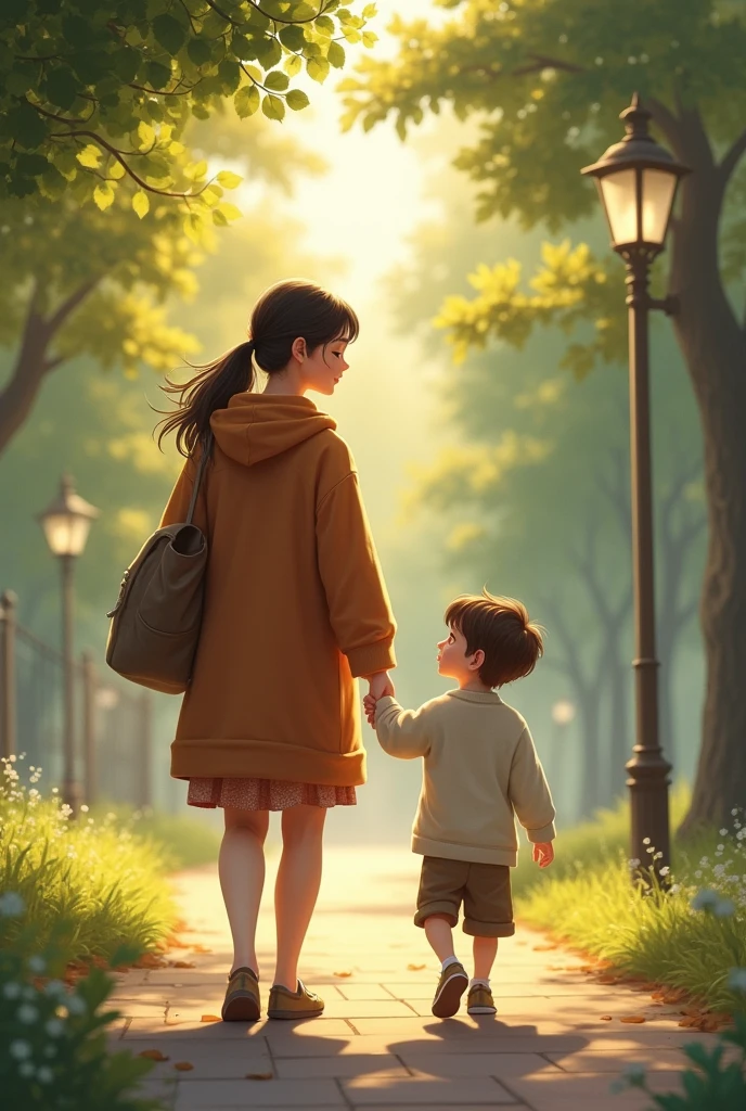 Mother and son walk back