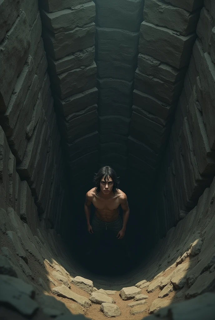 Creating images of a young man inside a deep, waterless well