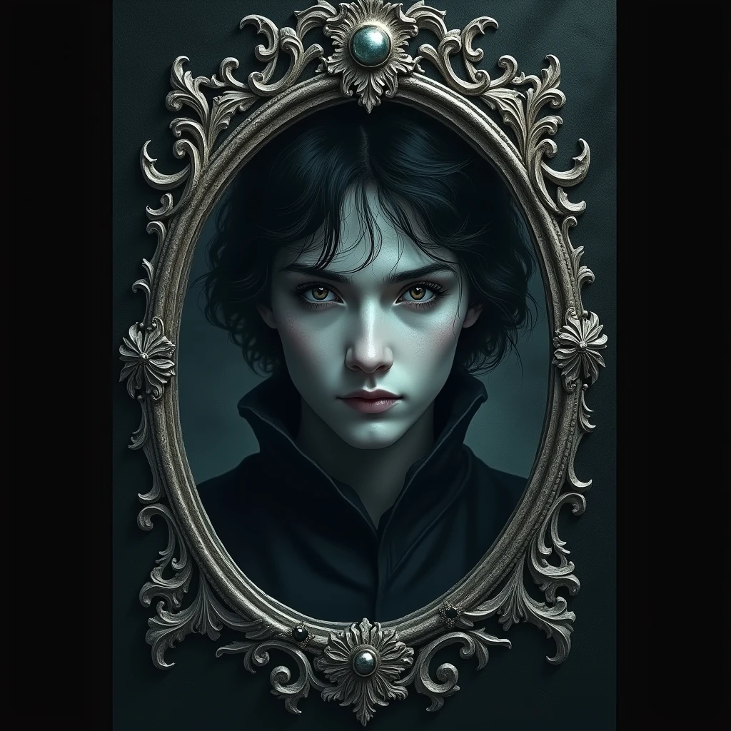 Snow White and the Cursed Mirror, Arafed image of a book cover of Snow White and the Cursed Mirror, with a picture of a man in a mirror, an album cover by Juan de Valdés Leal, behance contest winner, vanity, Blanca Alvarez, black and white, white eyes, !!!Esau Andrews!!!, black eyes, big eyes, spectres, benjamin lacombe, novel cover image in 9:16 for TikTok