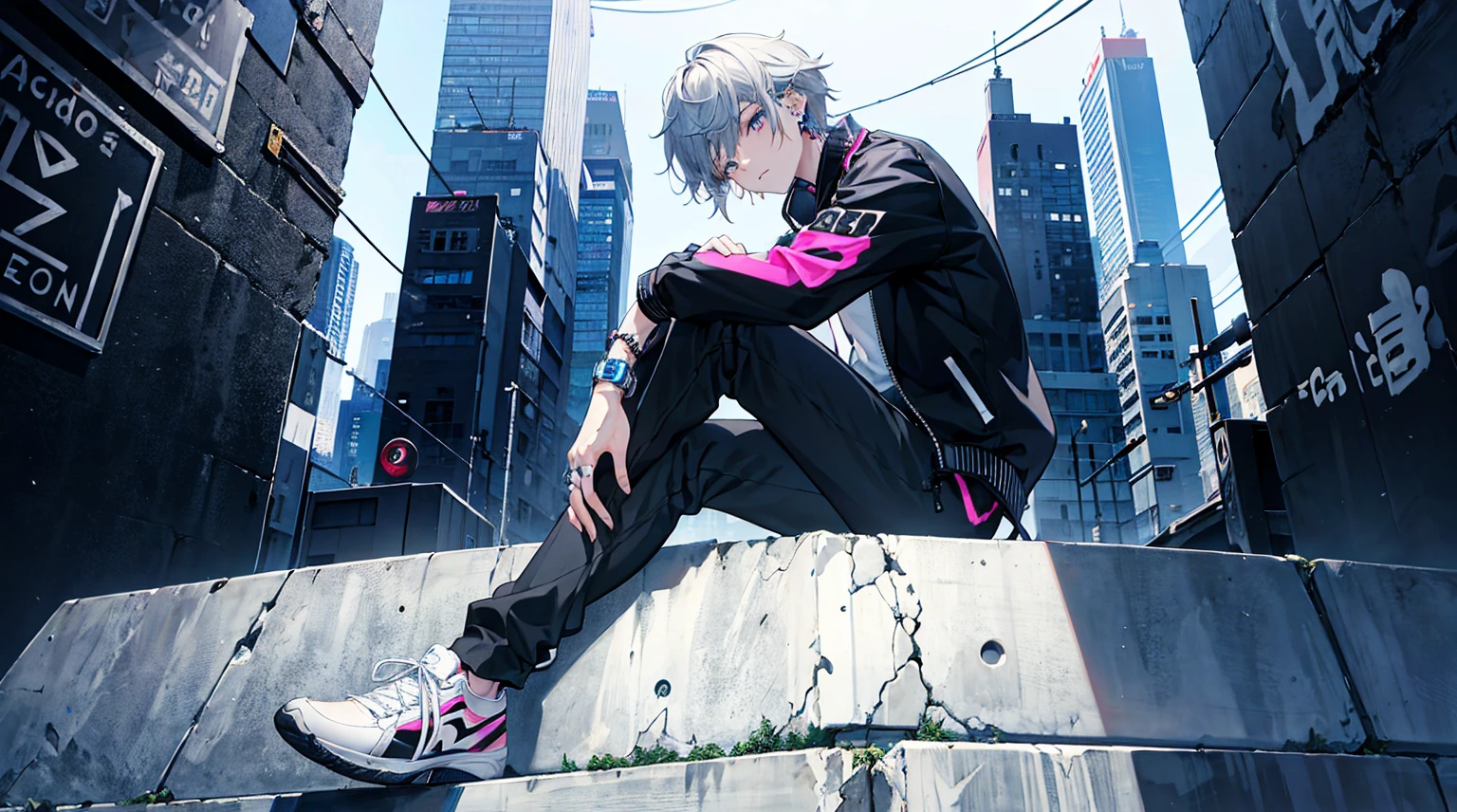 Black Modern Jacket、White sneakers、A well-dressed boy in black trousers、Sitting in front of a graffiti wall , Tattoo on the neck, Add accessories , Camera shot from below , modern city , Thick hair , Neon Daylight , Movie , fashionable , high resolution, Ultra Detailed , submerge , Wearing a bracelet , Looking at the camera , 4K , Anime style , Very detailed , Software City , Modern Gadgets , notebook , modern earrings .