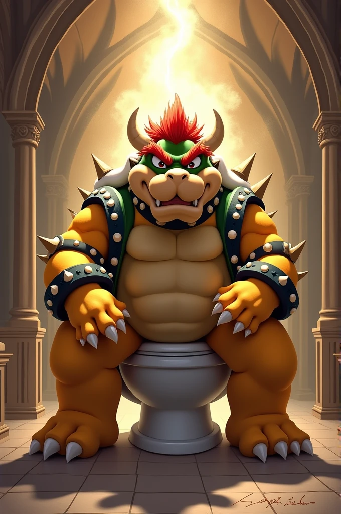 ((Masterpiece, best quality)) , Bowser  cameraotoko, on toilet, dragon Horned, (heaven nimbus:1.2), in church