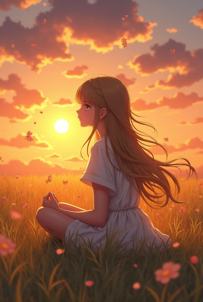 Girl sitting in the windy field in
sunset