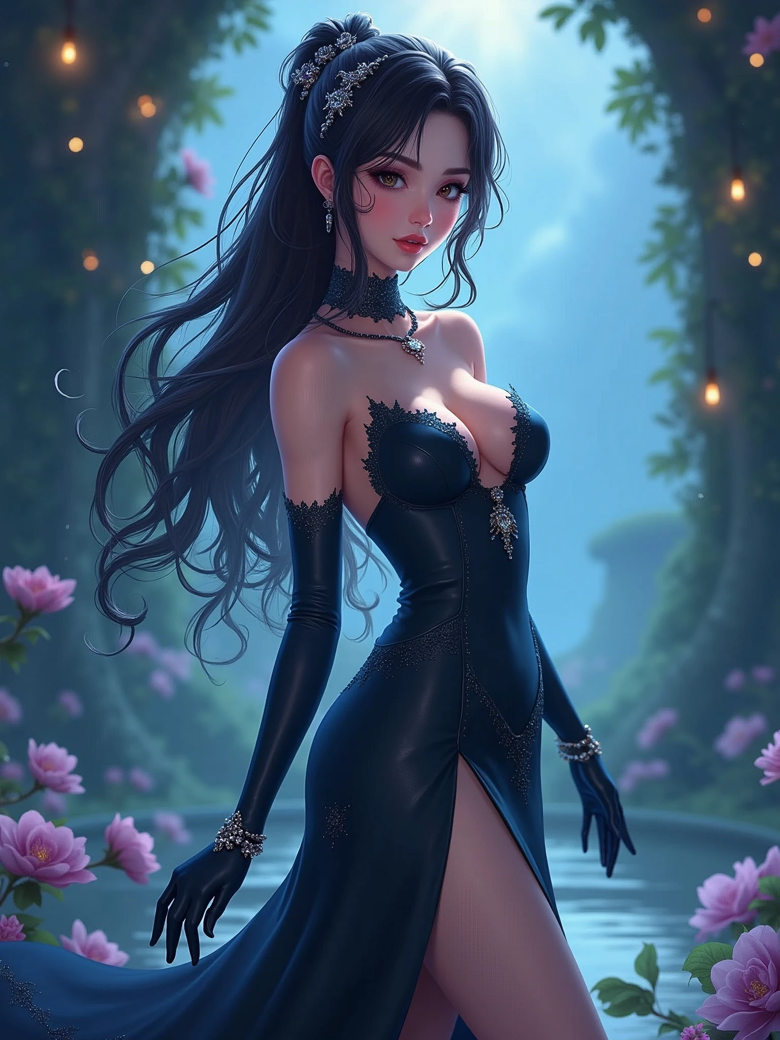 a beautiful young lady, wearing a long evening tight gown with a slit, long hand glove, beautiful hair, front pictures, 8k, highest quality, long hair, anime vision, fantasy, curve body, sparkling jewelry,  full body pictures