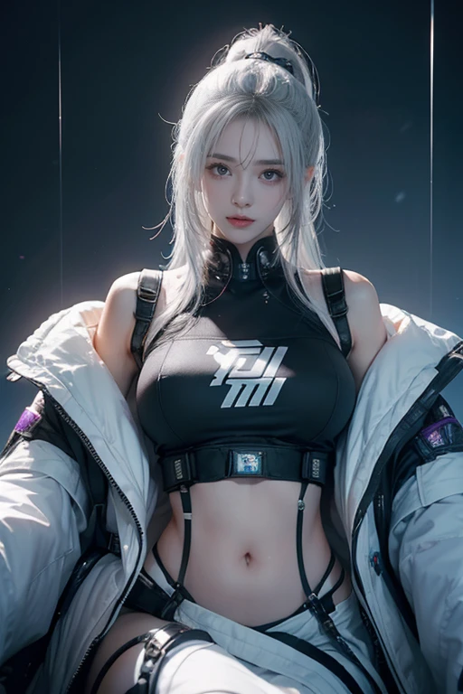 tmasterpiece,Best quality,A high resolution,8K,(Portrait),Head close-up,Original photo,digital photography,(Female scientists in sci-fi style),20 year old girl,long ponytail hairstyle,By bangs,(Purple Eyes),(White hair),A plump chest,Elegant and noble,Serious and indifferent, white coat,black suspender bra,rich details​,Keep your mouth shut,exposing your navel,Intricate ornaments,Cyberpunk futuristic style,(Female scholars),Photo pose,white backgrounid,oc render reflection texture