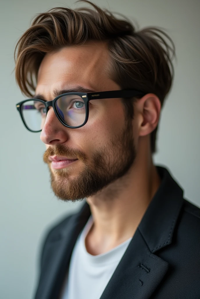 Young man wearing glasses, has a short beard, weighs 75kg and has straight hair combed to the side