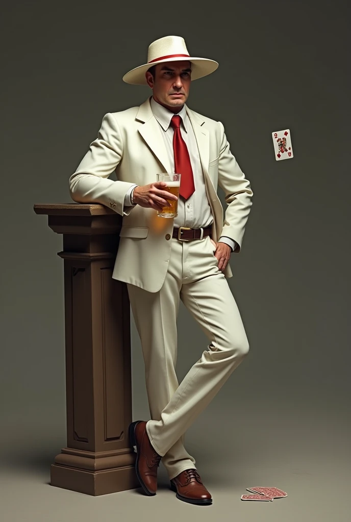 Serious man, wearing a white Panama hat with a red ribbon, almost covering his face. wearing a white vintage suit with a red tie and thin shoes, holding a glass of beer and a deck of cards in outher hand. a cheeky, mischievous man, leaning against a half-moon post