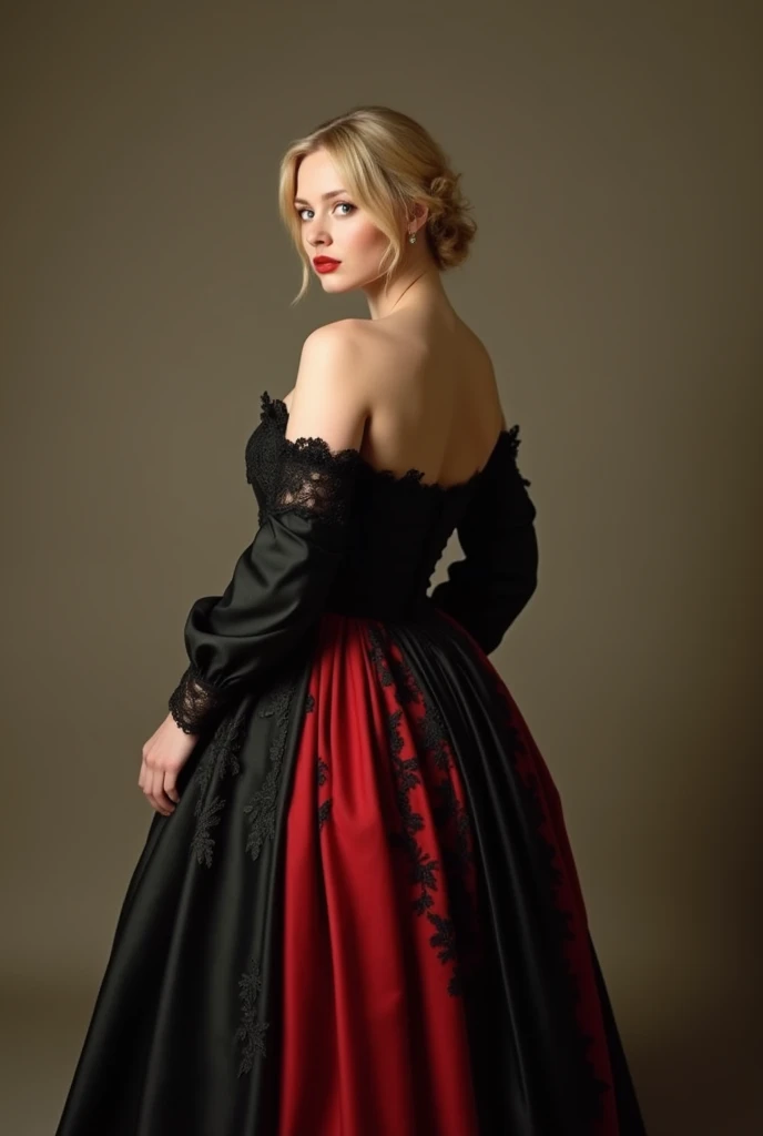 English woman, blonde, by the taken, about 30 years old, dressed as a young woman from the 1800s, thick lips. long french style dress, with lace and long sleeves in black and red tones. Great cleavage, big breasts and big butt. Sepia tone photo
