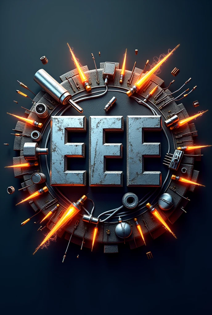 A Logo with animated electrical engineering, embossed EEE letters, thundering effect, screw driver, testers, chords and leads
