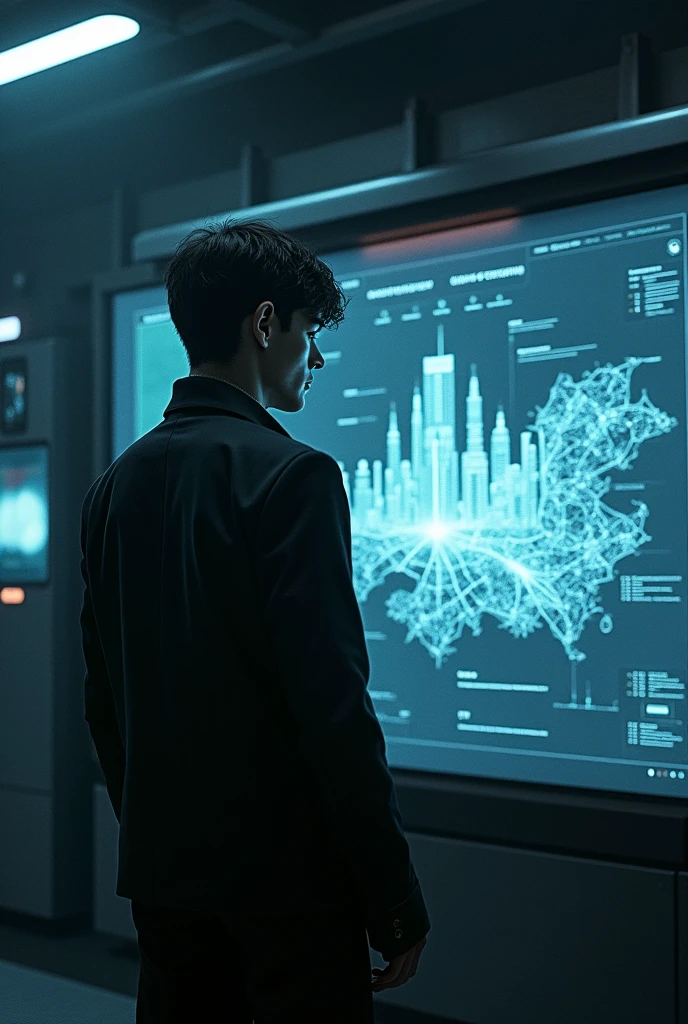 A dark, moody room with a holographic map of a futuristic city. A menacing young man with a sharp, determined look stands in front of the map, his face partially shadowed. The room is filled with advanced technology, and the atmosphere is tense, highlighting the character's sinister intentions as he plans to destroy the future."