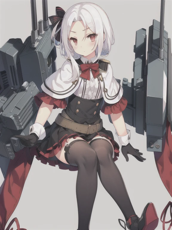 Vittorio_Veneto \(warship girls r\),((masterpiece)),(((best quality))),((ultra-detailed)),((illustration)),((disheveled hair)),((frills)),(1 girl),(solo),1girl, bangs, belt, black footwear, black gloves, black legwear, blush, breasts, cannon, capelet, gloves, gradient, short hair, looking at viewer, machinery, miniskirt, multicolored clothes, red eyes, rigging, shirt, shoes, sitting, skirt, solo, thighhighs, turret, very long hair, white hair