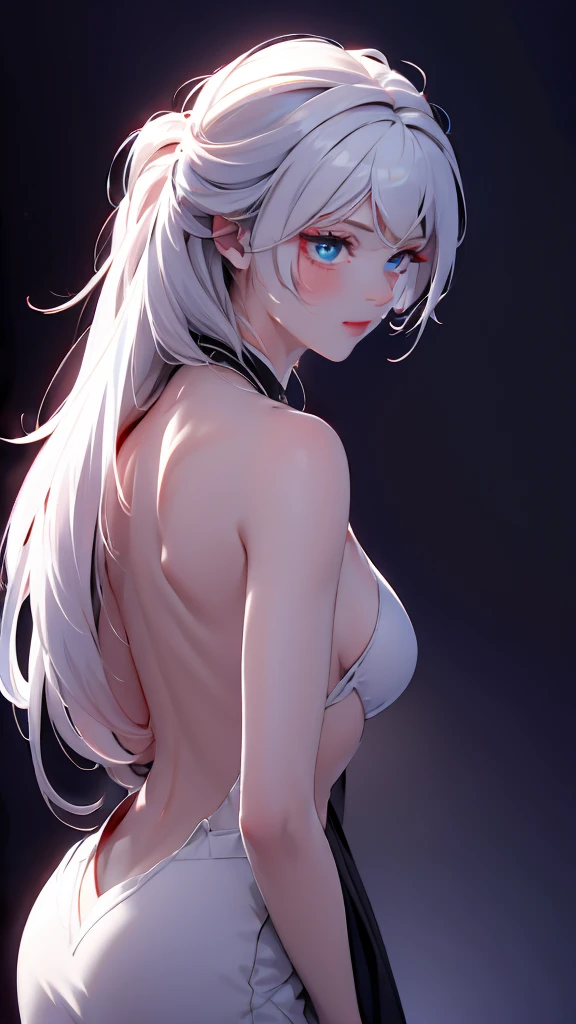 1 Girl, medium light white hair, light blue eyes, Black Suit 4D , night club TOWN , high res, ultrasharp, 8K, masterpiece, looking from behind