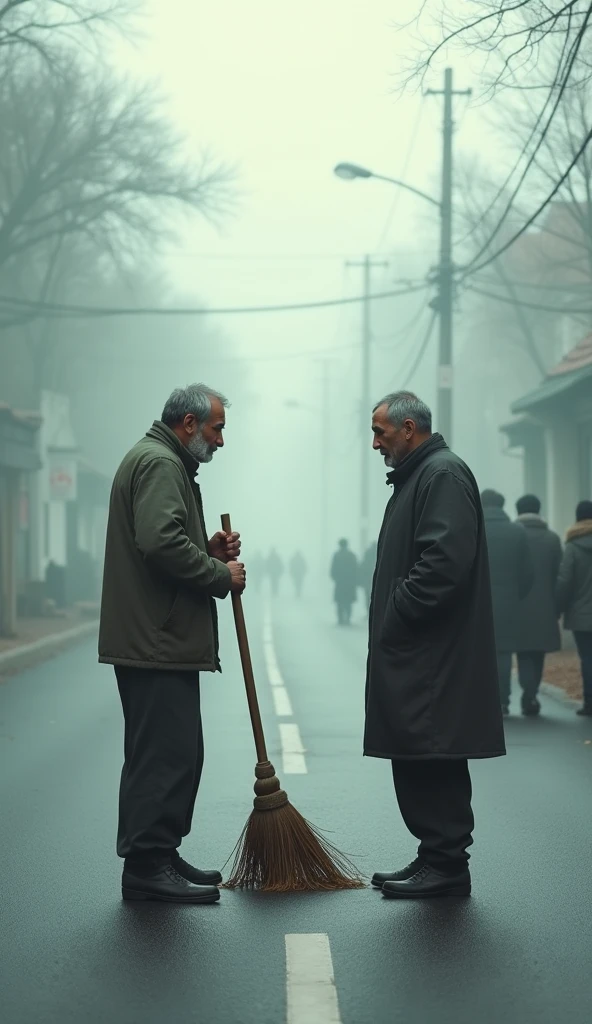 An od man upto 50 years of age was sweeping the rod by broom and a came and start talking to him. In background there is a little fog and the scene is of morning. Some people are standing near to them and they are talking to each other