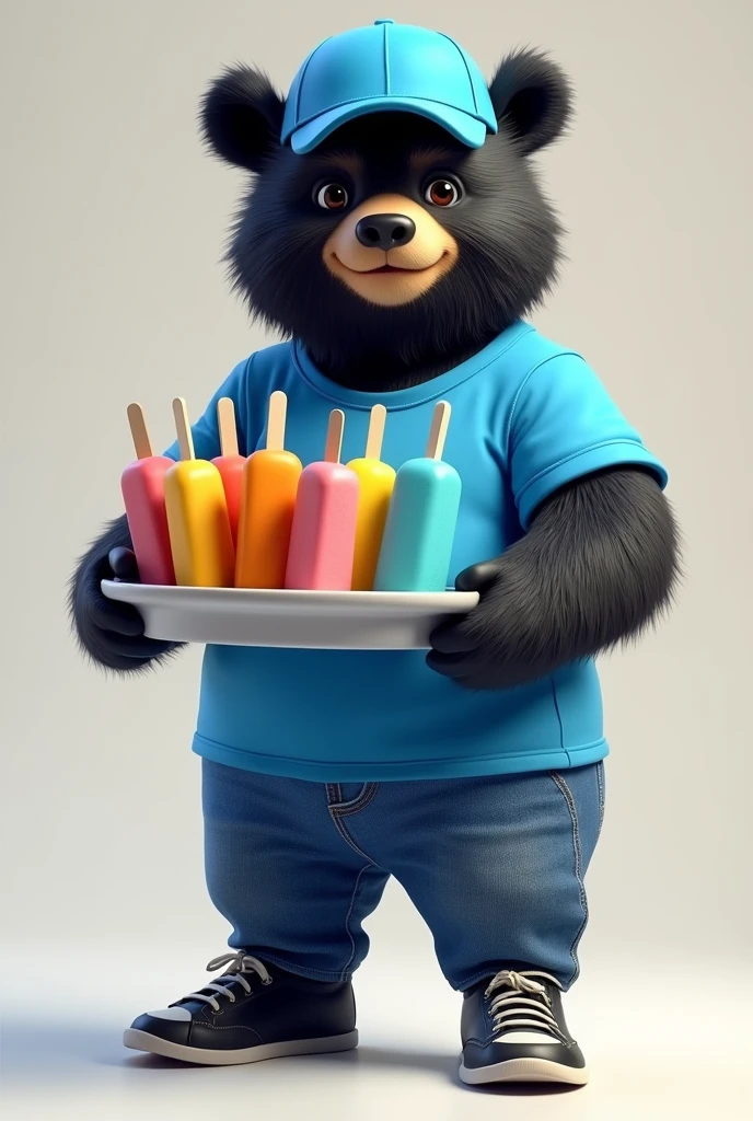 Black Frontino Bear wearing a blue sports shirt, jeans, black shoes and blue cap that delivers popsicles

