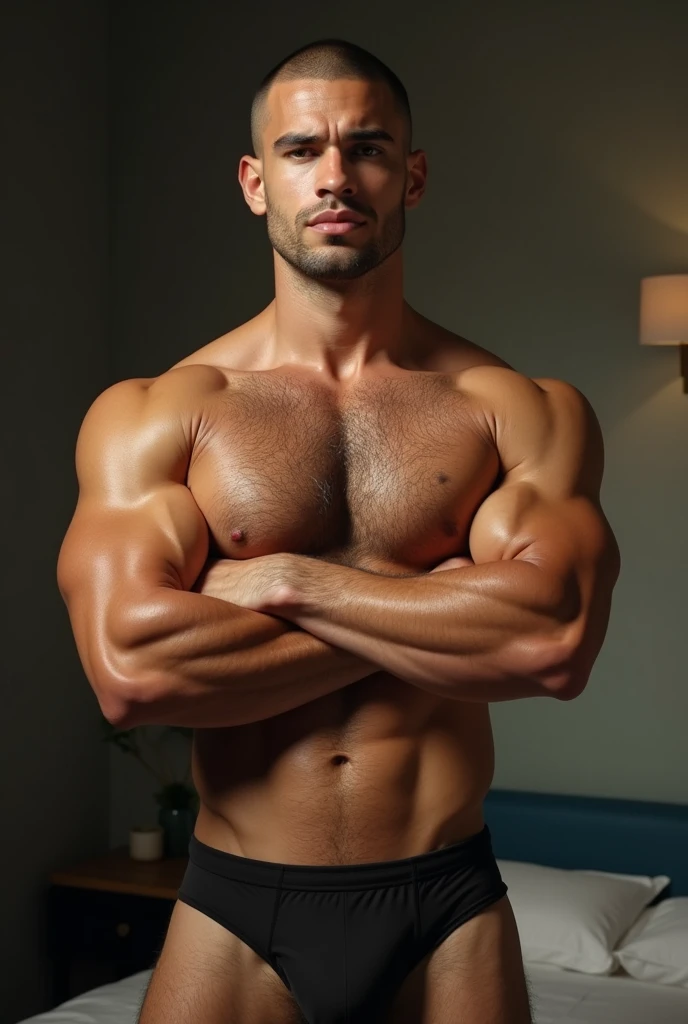 ((black man))), muscle, Latino 30yo man, medium pectorals, medium biceps, sexy shaved chest hair, Whole body, buzz cut, bedroom, Crossed arms, shirtless, big lump, swimsuit, Very wide shoulders