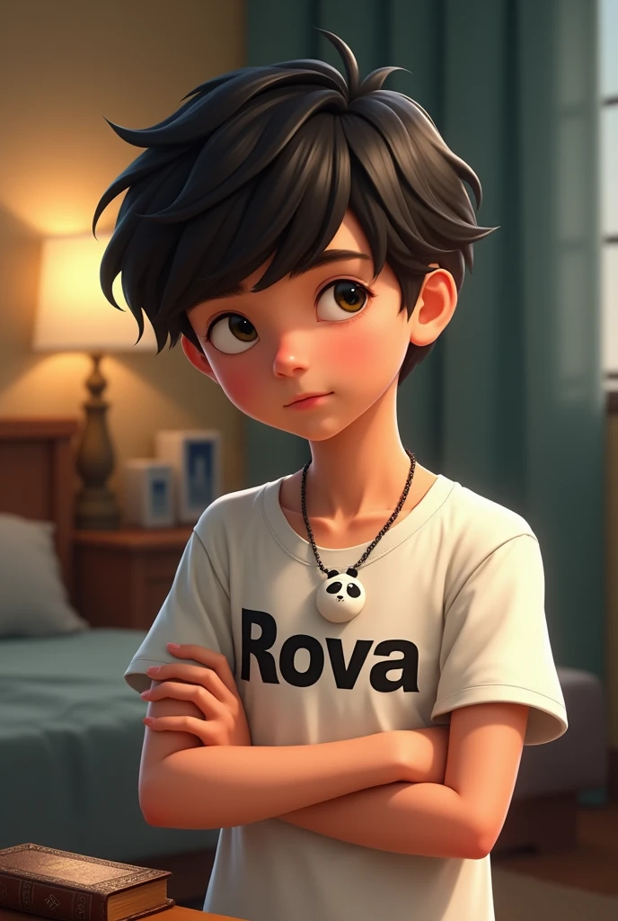 Une jeune garçon avec un mot Rova sur son tee-shirt Blanc avec un collier de panda tif la croix avec un mot Rova qui prit dans sa chambre avec un bible à san côté