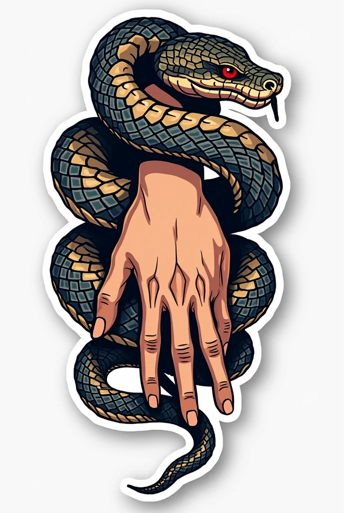 I want you to draw a tattoo of a neotraditional snake coiled around a hand and that has coherence and harmony of colors that is a sticker style design.