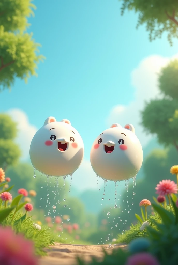 The image shows two white spheres with a big smile on their faces. The spheres are floating in the air, with water droplets cascading down from them. The background is a garden with trees and plants, and there is a blue sky above. The image appears to be a screenshot from a mobile phone screen.