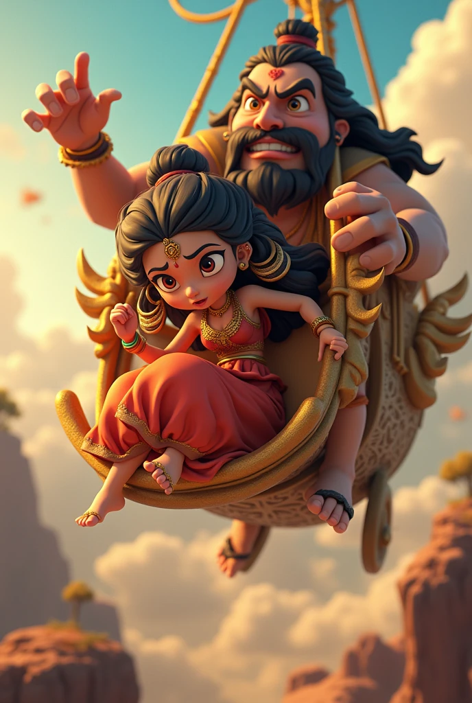 In cinematic 3d cartoon style 'Sita, dressed in traditional attire, looks distressed as Ravana lifts her into his flying chariot.